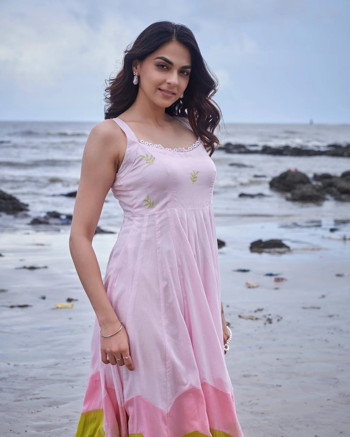 Sophisticated Pink and Green Embroidered Cotton Dress Highlighting Colour Block Detailing, Artistic Embroidery, and Versatile Styling Options for Seasonal Wardrobes