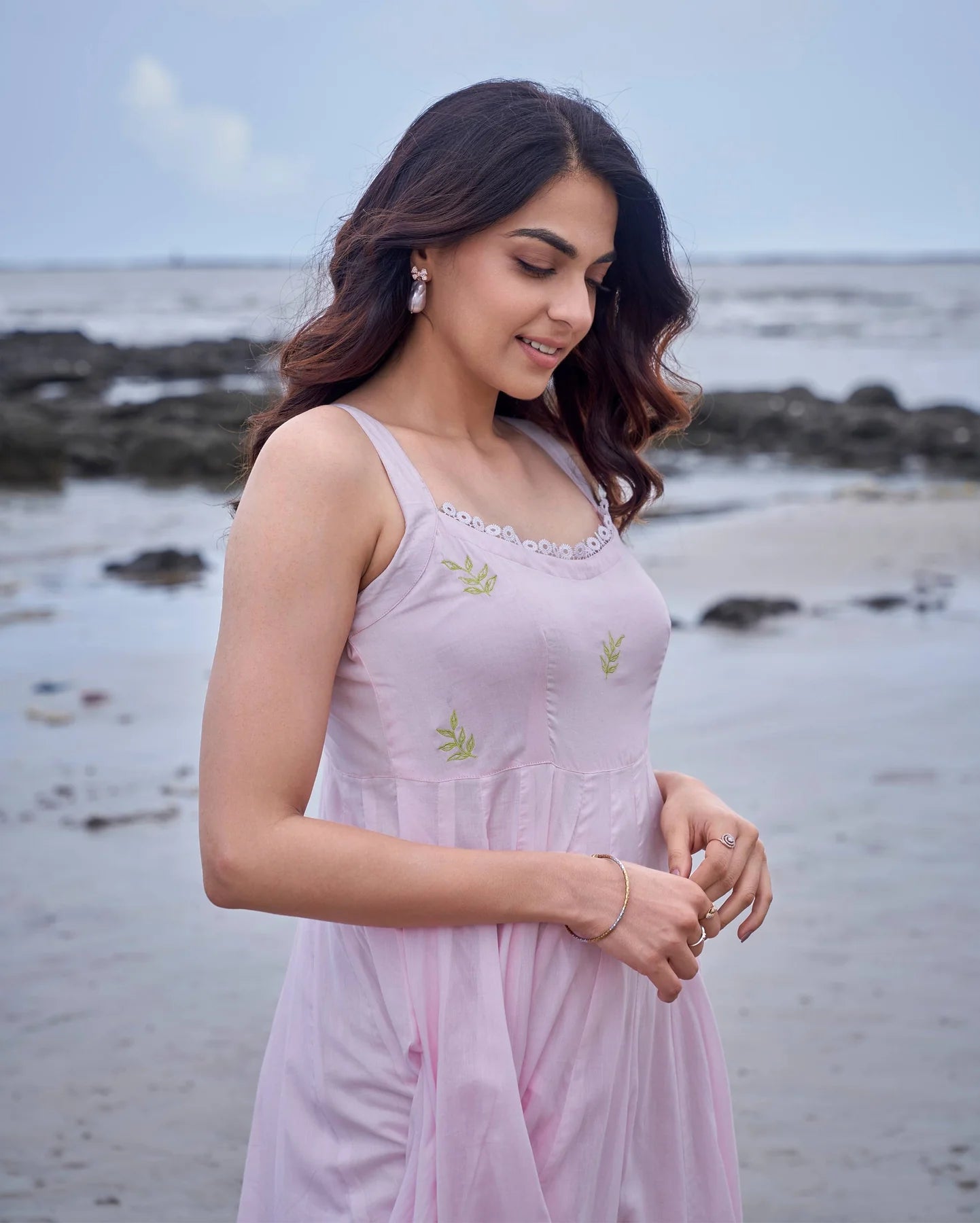 Sophisticated Pink and Green Embroidered Cotton Dress Highlighting Colour Block Detailing, Artistic Embroidery, and Versatile Styling Options for Seasonal Wardrobes