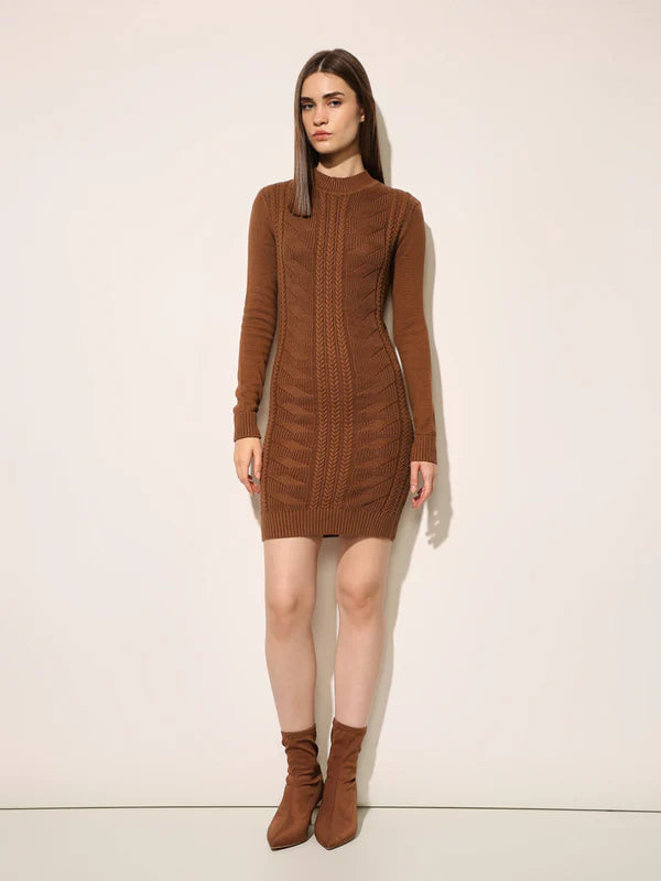 Elegant Brown Cable Knitted Bodycon Dress with Flattering Silhouette, Cozy Texture, and Modern Minimalist Style for Autumn and Winter Wardrobes