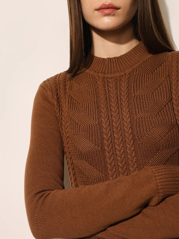 Elegant Brown Cable Knitted Bodycon Dress with Flattering Silhouette, Cozy Texture, and Modern Minimalist Style for Autumn and Winter Wardrobes
