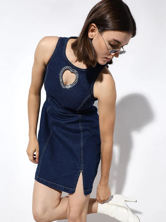 Stylish Blue Rhinestone Cut-Out Denim Dress with Glamorous Embellishments, Contemporary Detailing, and Figure-Flattering Silhouette for Party Nights