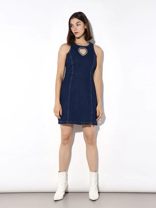 Stylish Blue Rhinestone Cut-Out Denim Dress with Glamorous Embellishments, Contemporary Detailing, and Figure-Flattering Silhouette for Party Nights
