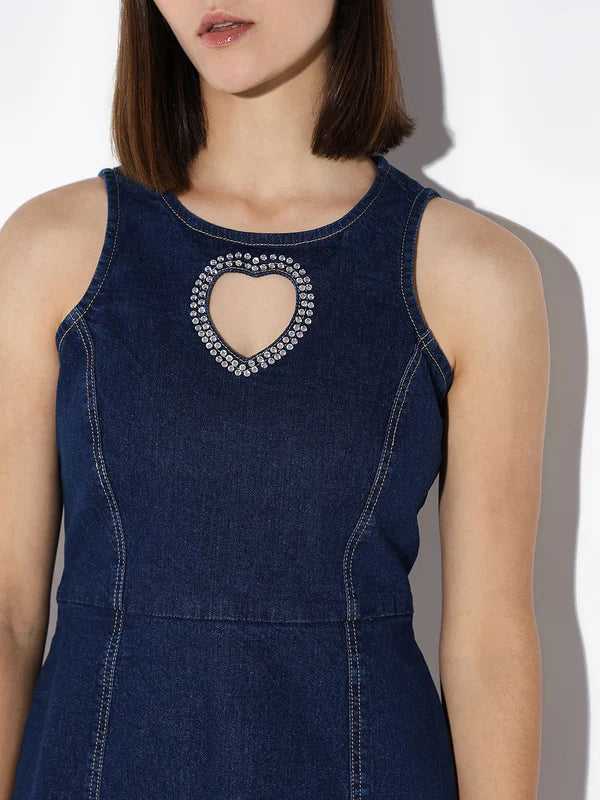 Stylish Blue Rhinestone Cut-Out Denim Dress with Glamorous Embellishments, Contemporary Detailing, and Figure-Flattering Silhouette for Party Nights