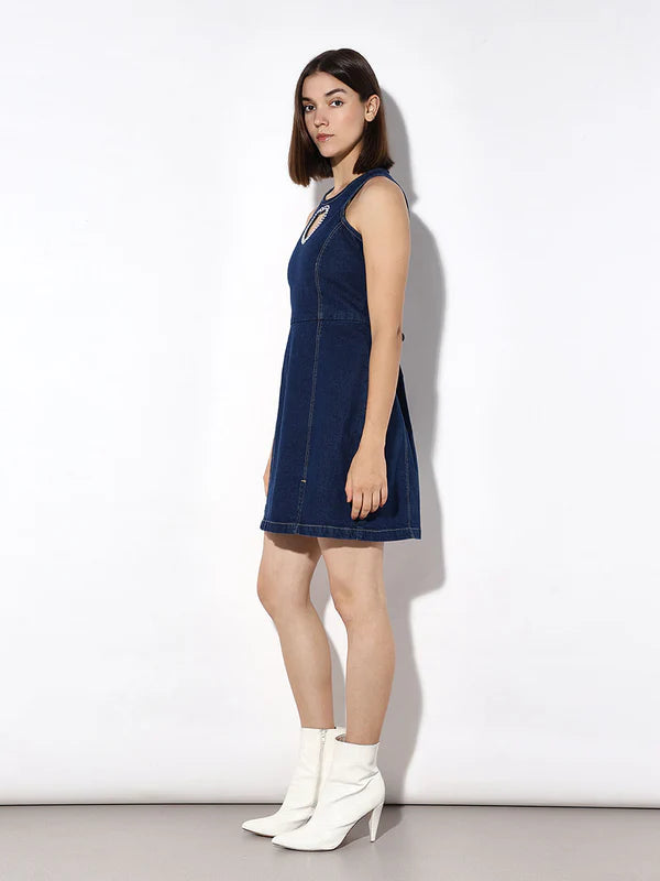 Stylish Blue Rhinestone Cut-Out Denim Dress with Glamorous Embellishments, Contemporary Detailing, and Figure-Flattering Silhouette for Party Nights