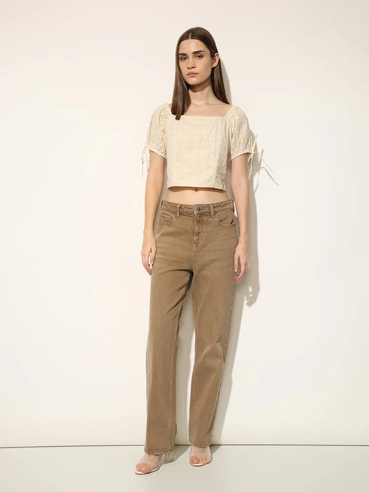 Stylish Women’s Cropped Tops in Cream with Schiffli Embroidery