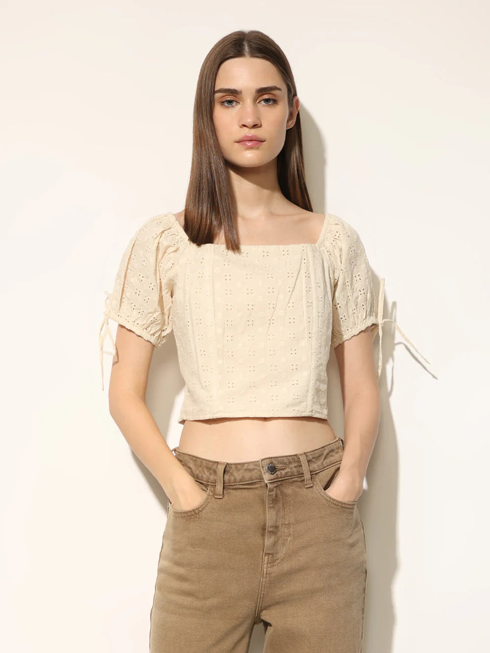 Stylish Women’s Cropped Tops in Cream with Schiffli Embroidery