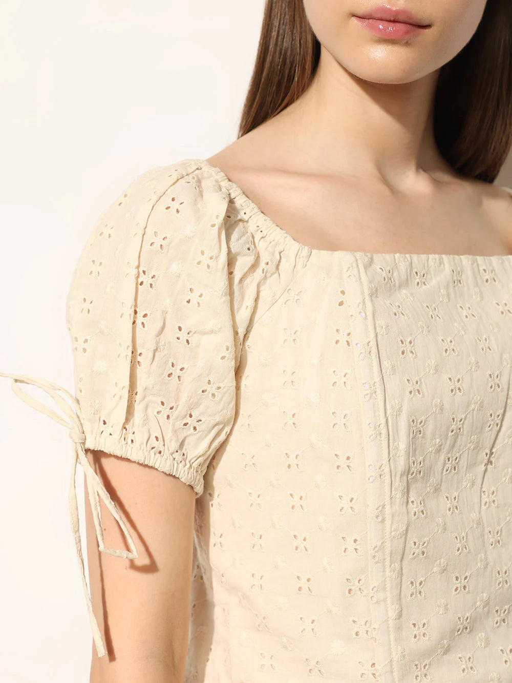 Stylish Women’s Cropped Tops in Cream with Schiffli Embroidery