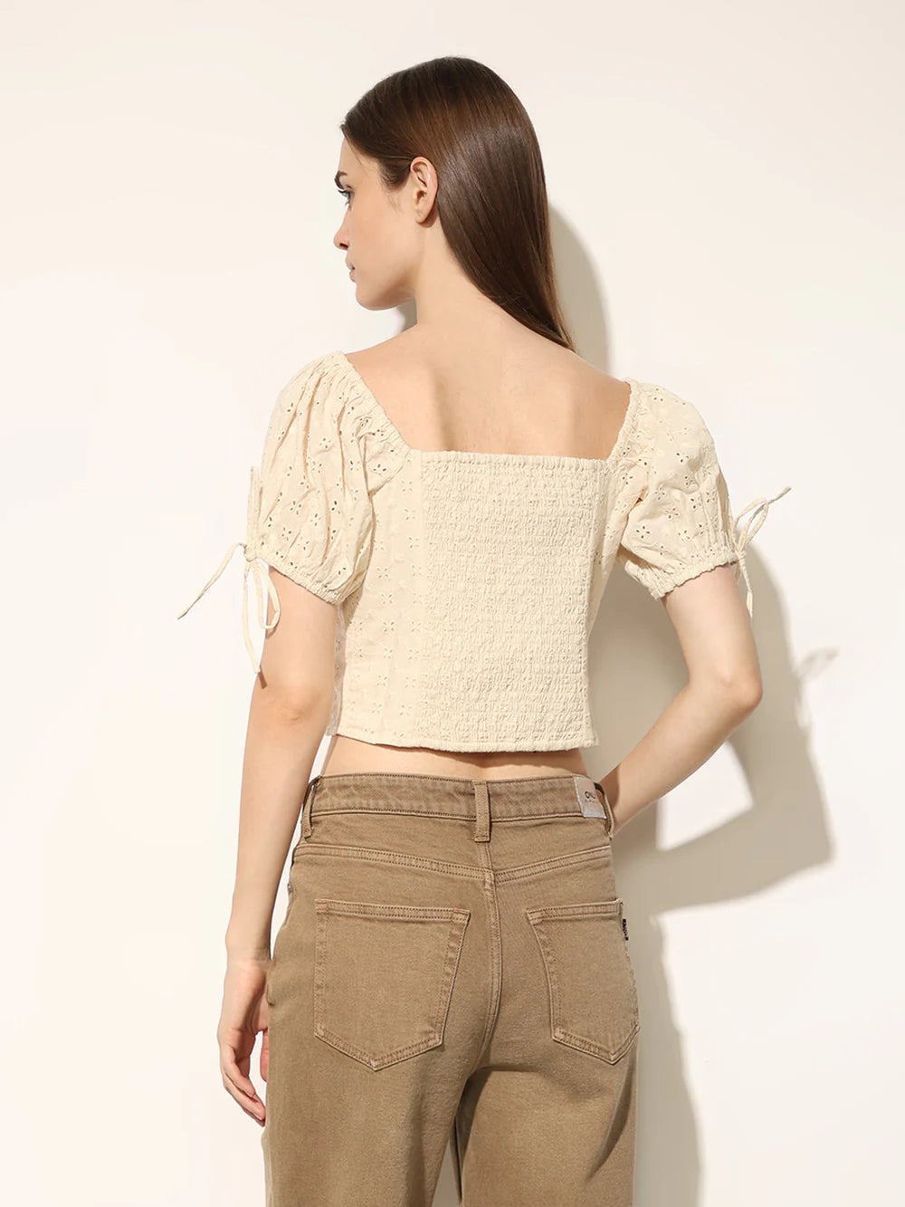 Stylish Women’s Cropped Tops in Cream with Schiffli Embroidery