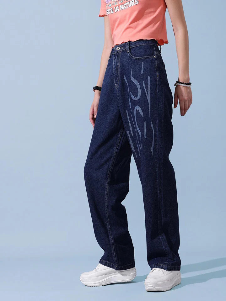 Casual Women’s Denim Jeans with All-Over Laser Print, Offering Stylish Urban Look, Comfortable Fit, and Versatile Outfit Pairing Options