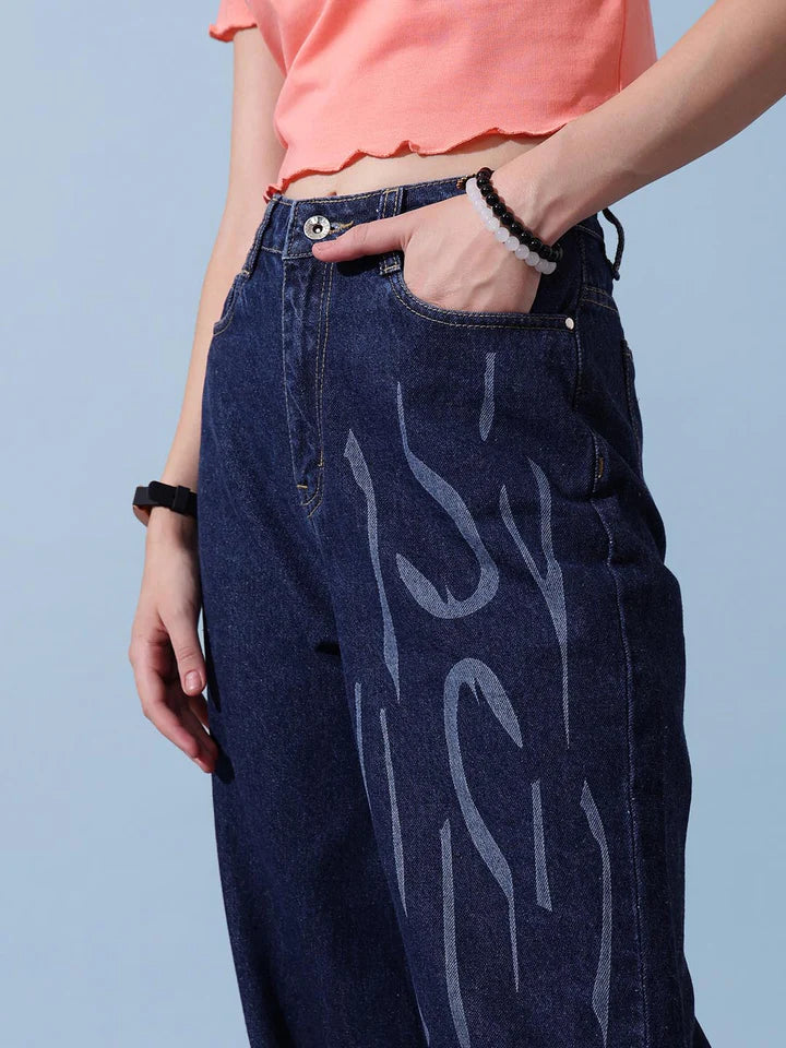 Casual Women’s Denim Jeans with All-Over Laser Print, Offering Stylish Urban Look, Comfortable Fit, and Versatile Outfit Pairing Options