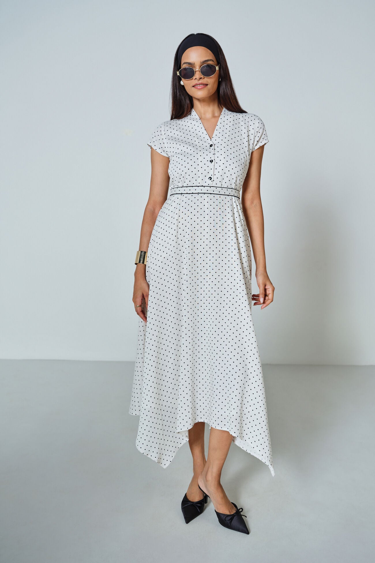 Graceful Polka Asymmetrical Dress with Youthful Vibe, Contemporary Design, and Elegant Finish for Brunches, Celebrations, and Gatherings