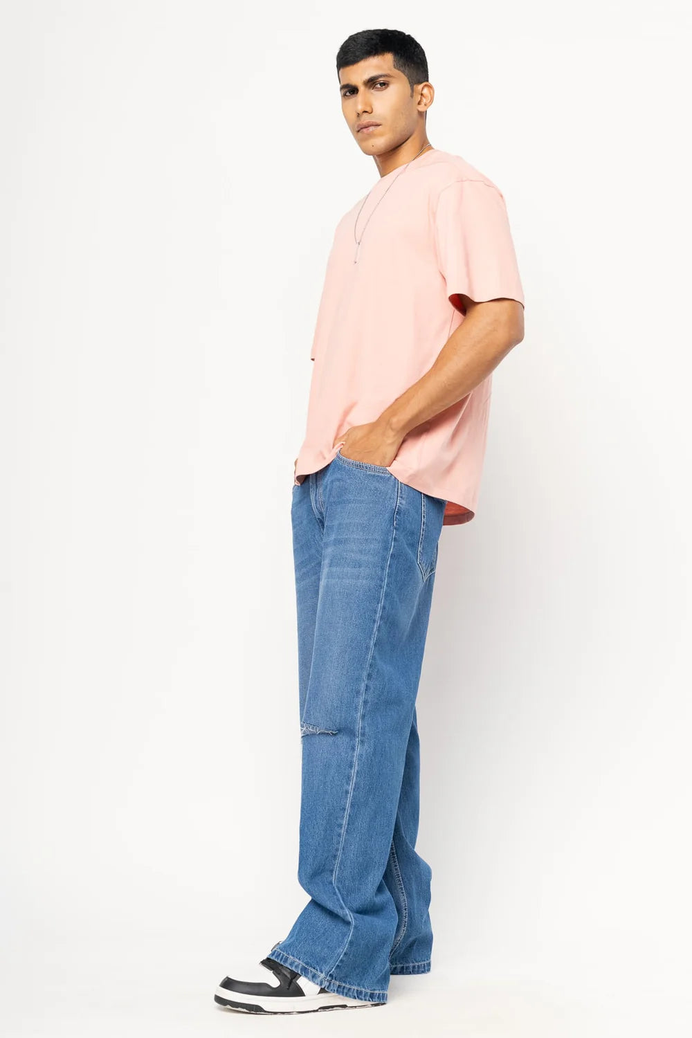 Blue Knee Slit Straight Baggy Fit Jeans for Men