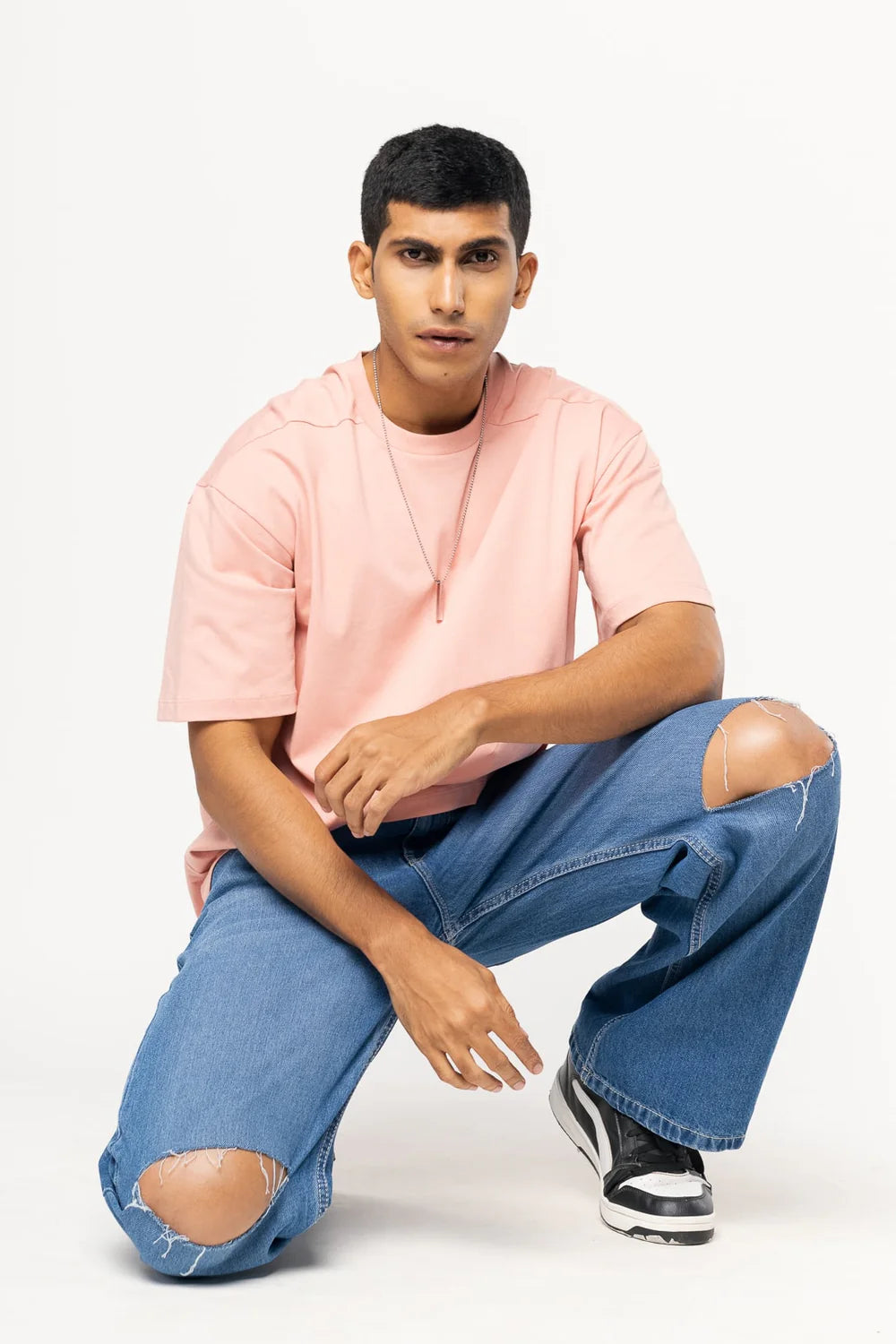 Blue Knee Slit Straight Baggy Fit Jeans for Men