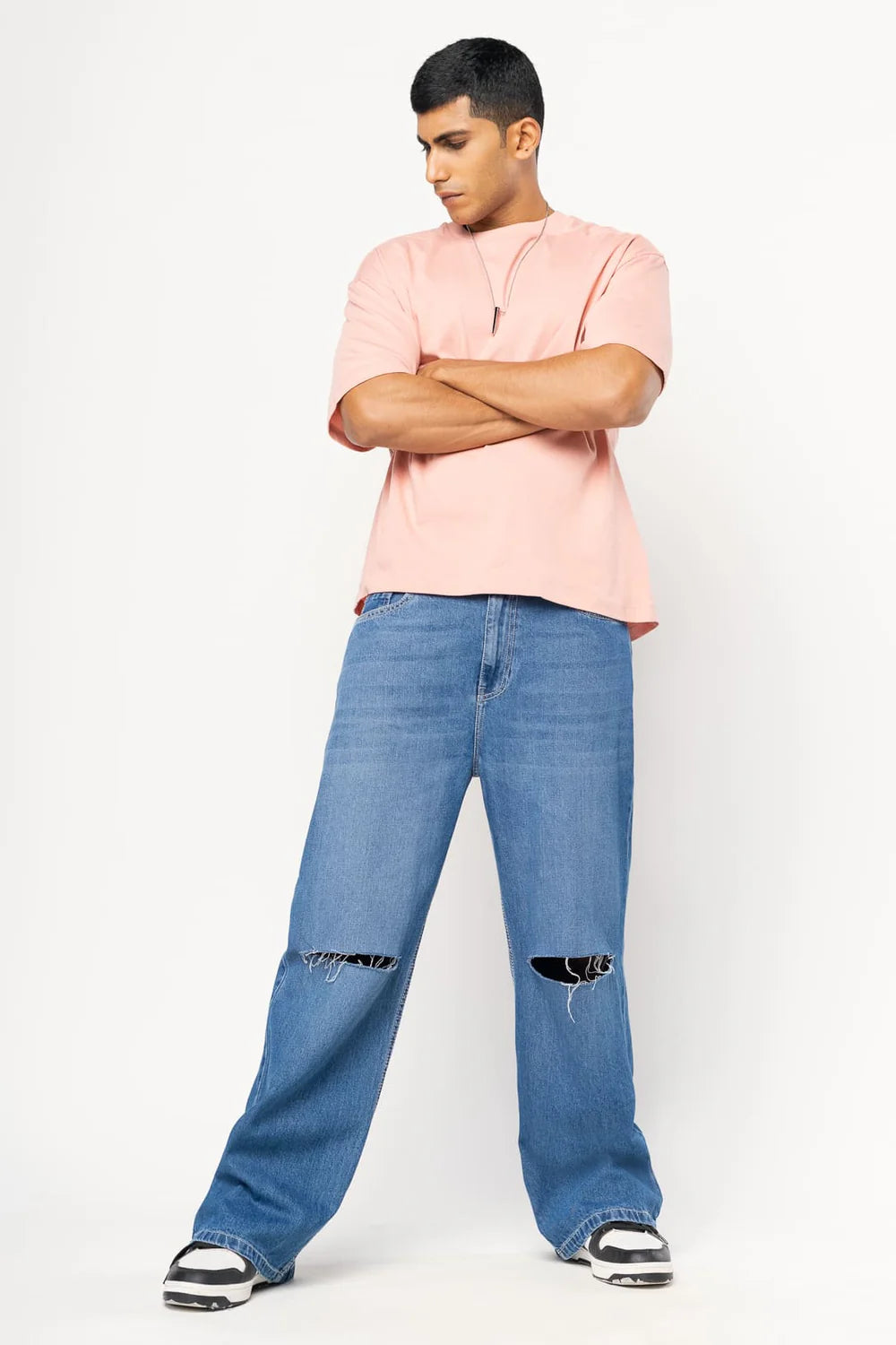 Blue Knee Slit Straight Baggy Fit Jeans for Men