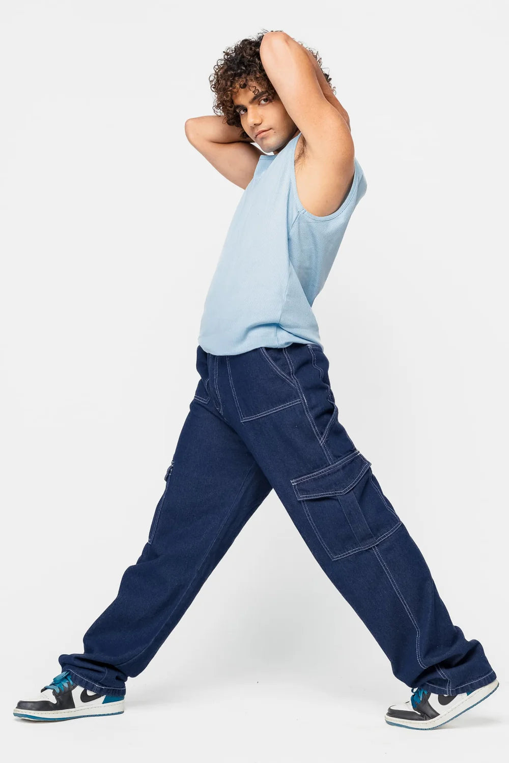 Mid Blue Elastic Waist Straight Cargo Jeans for Men