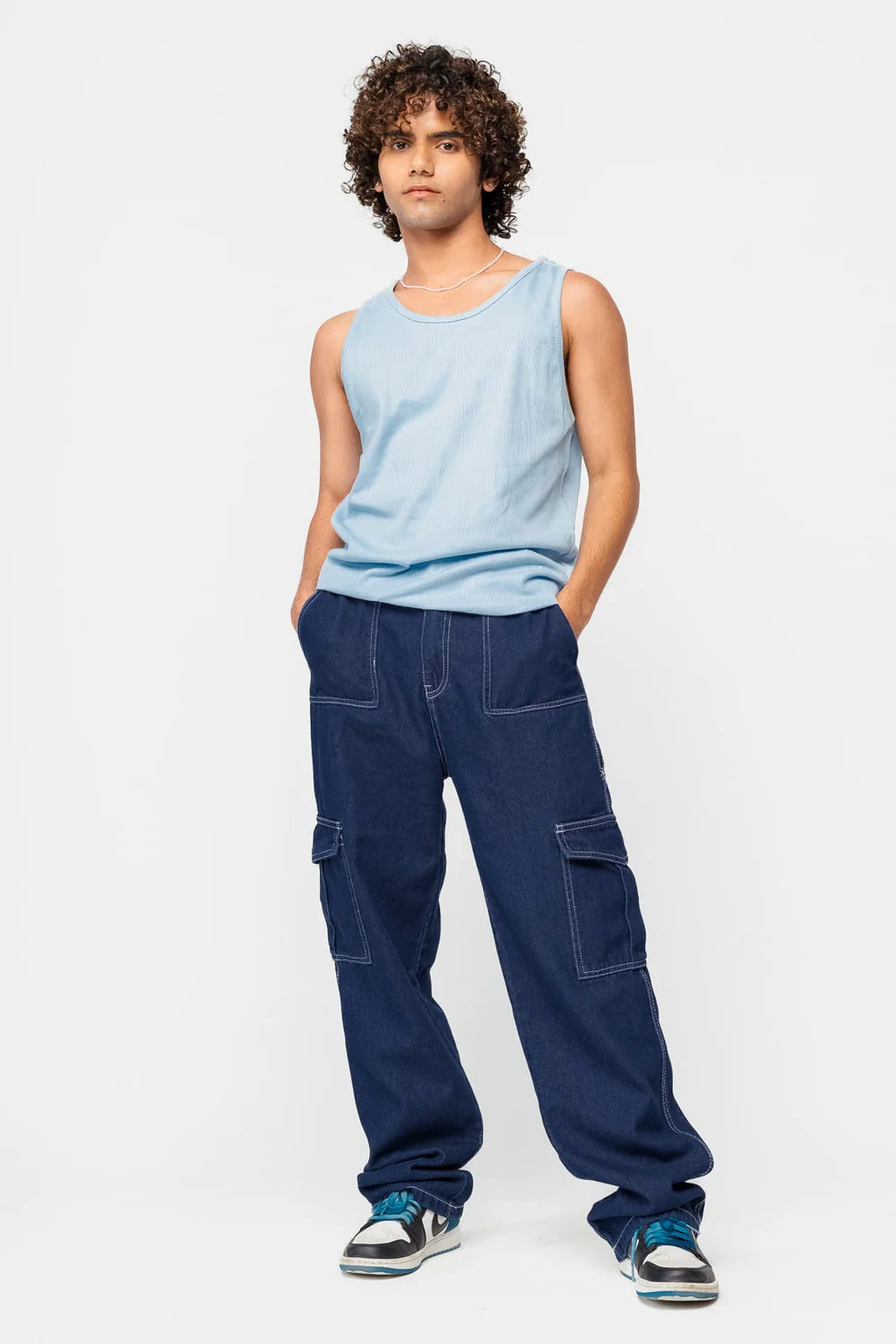 Mid Blue Elastic Waist Straight Cargo Jeans for Men