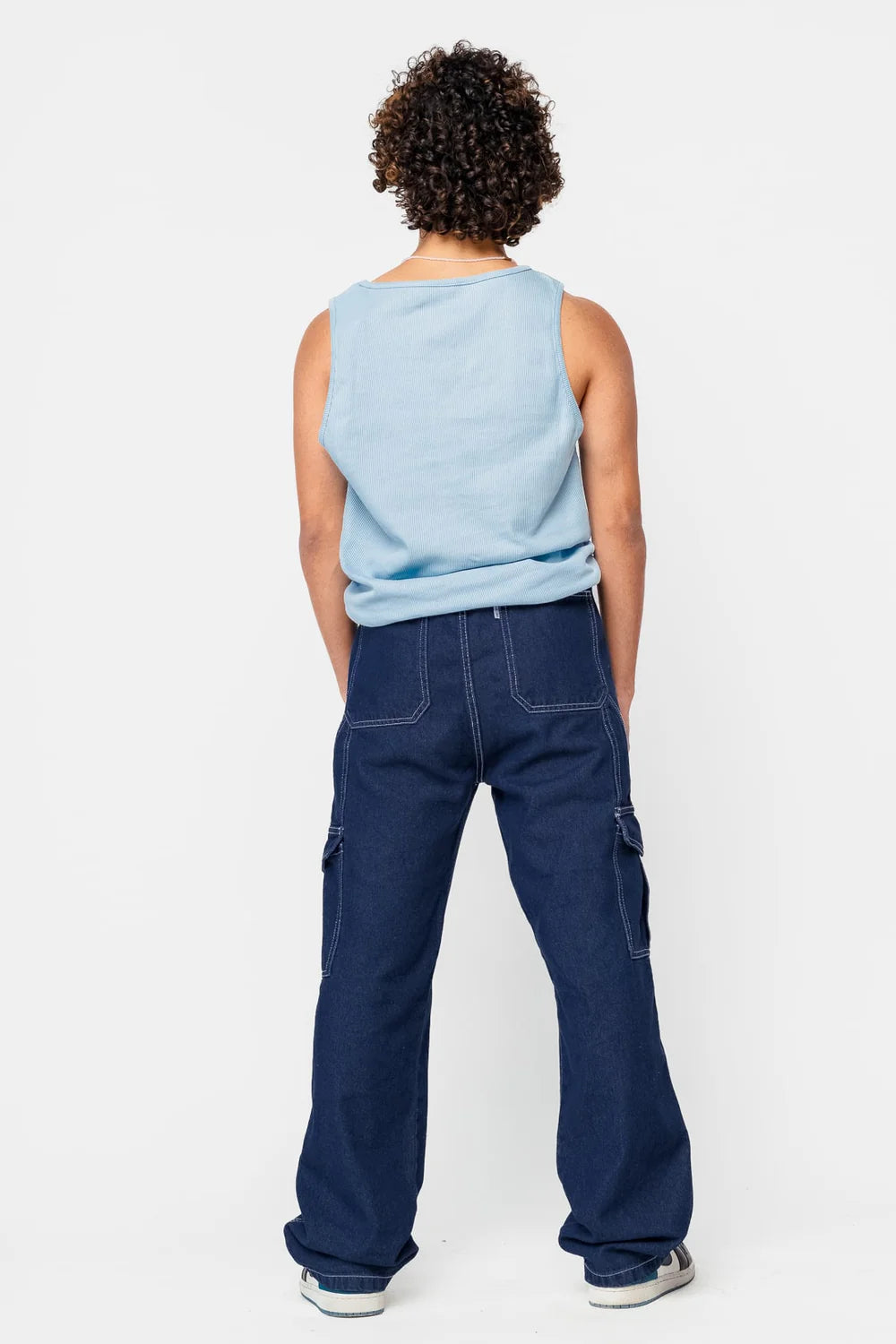 Mid Blue Elastic Waist Straight Cargo Jeans for Men