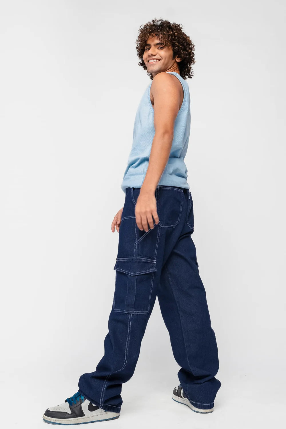 Mid Blue Elastic Waist Straight Cargo Jeans for Men