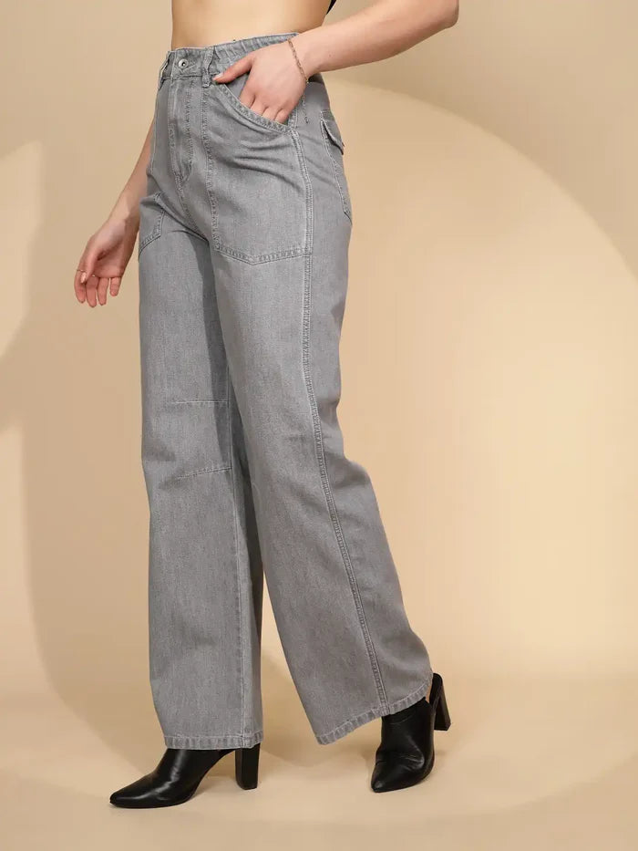 Comfortable Grey Cotton Straight Loose Fit Jeans for Women Featuring Relaxed Silhouette, Soft Durable Material, and Everyday Casual Wear Potential