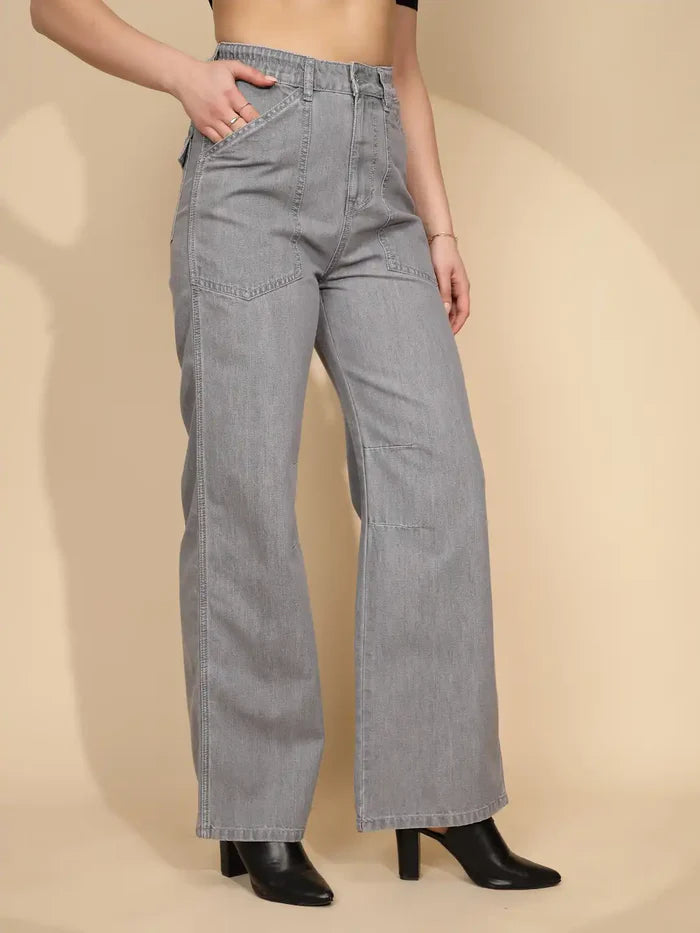 Comfortable Grey Cotton Straight Loose Fit Jeans for Women Featuring Relaxed Silhouette, Soft Durable Material, and Everyday Casual Wear Potential
