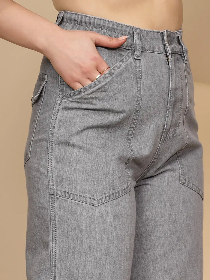 Comfortable Grey Cotton Straight Loose Fit Jeans for Women Featuring Relaxed Silhouette, Soft Durable Material, and Everyday Casual Wear Potential