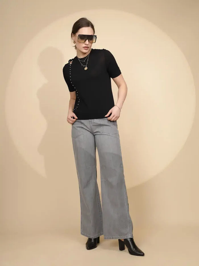 Comfortable Grey Cotton Straight Loose Fit Jeans for Women Featuring Relaxed Silhouette, Soft Durable Material, and Everyday Casual Wear Potential
