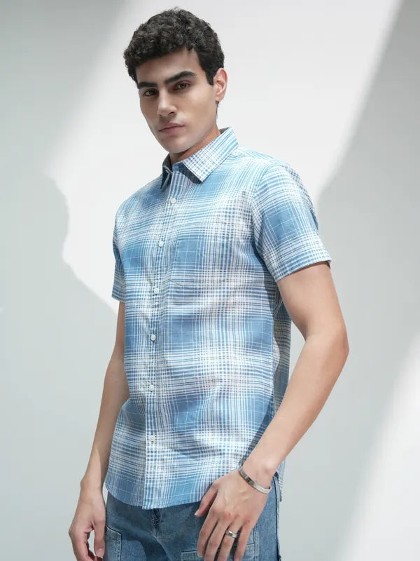 Blue Checked Regular Fit Casual Shirt For Men