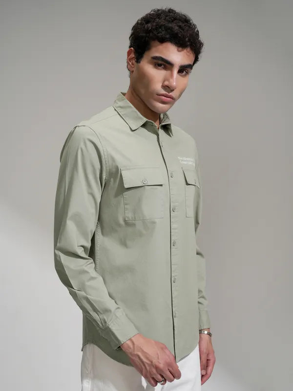 Green Printed Tailored Slim Fit Casual Shirt for Men