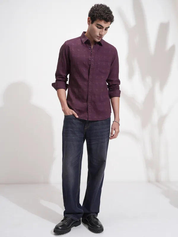 Men Purple Self Design Slim Fit Casual Shirt