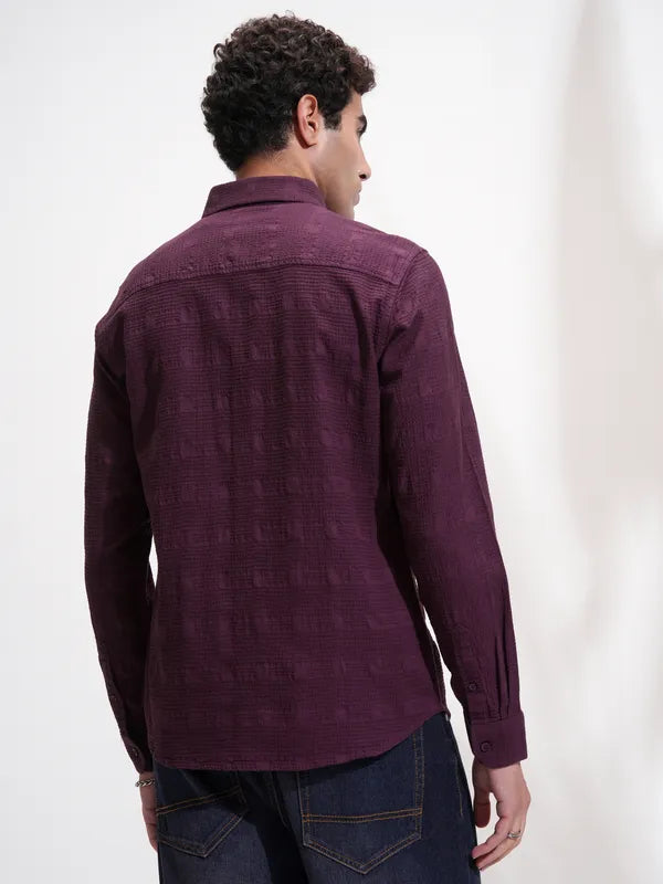 Men Purple Self Design Slim Fit Casual Shirt