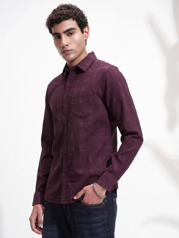 Men Purple Self Design Slim Fit Casual Shirt