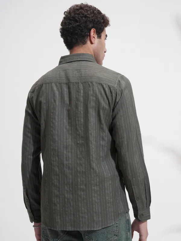 Olive Self Design Slim Fit Casual Shirt For Men