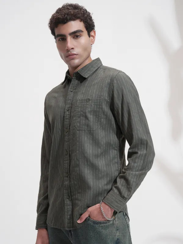 Olive Self Design Slim Fit Casual Shirt For Men