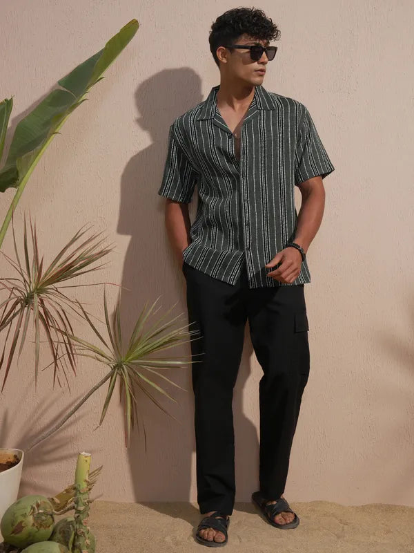 Grey Striped Relaxed Fit Casual Shirt