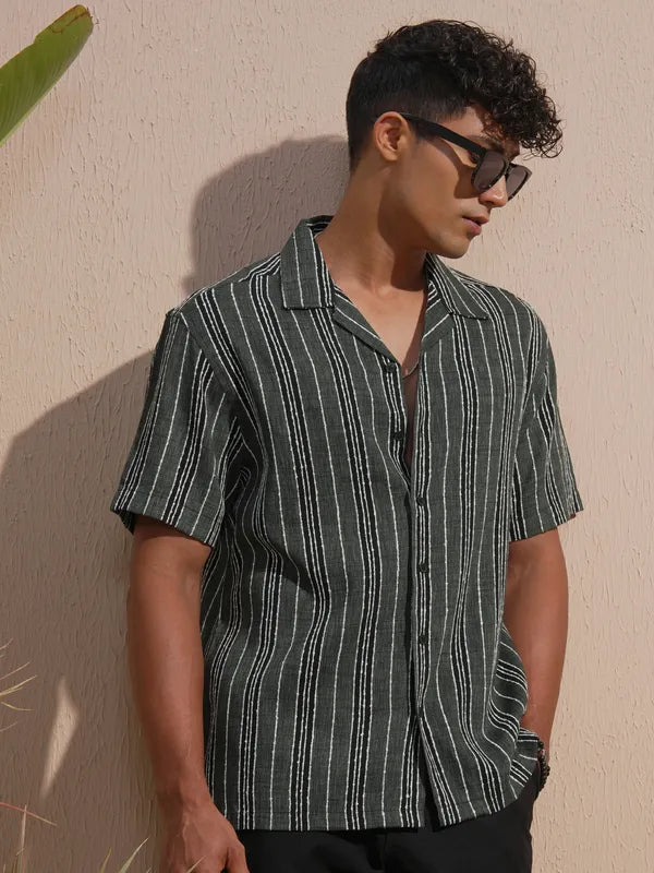 Grey Striped Relaxed Fit Casual Shirt