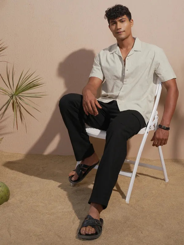 Men Tan Self Design Relaxed Fit Casual Shirt