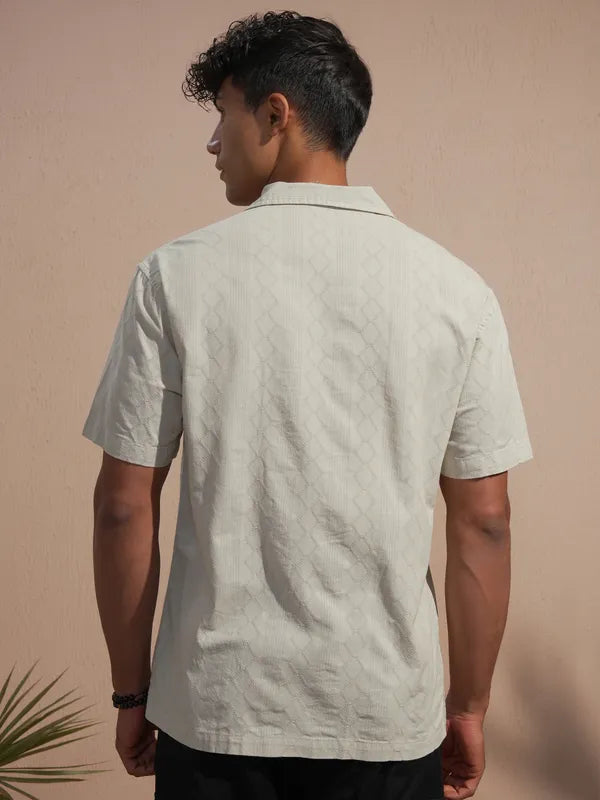 Men Tan Self Design Relaxed Fit Casual Shirt