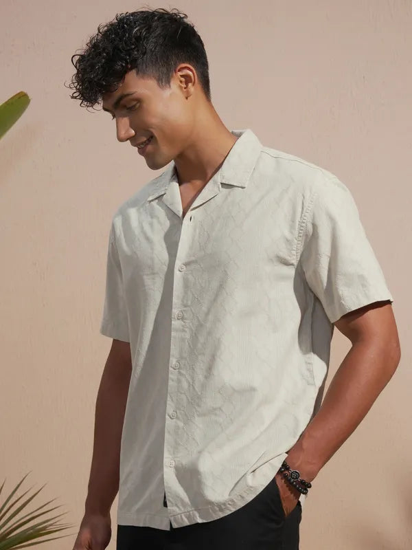 Men Tan Self Design Relaxed Fit Casual Shirt