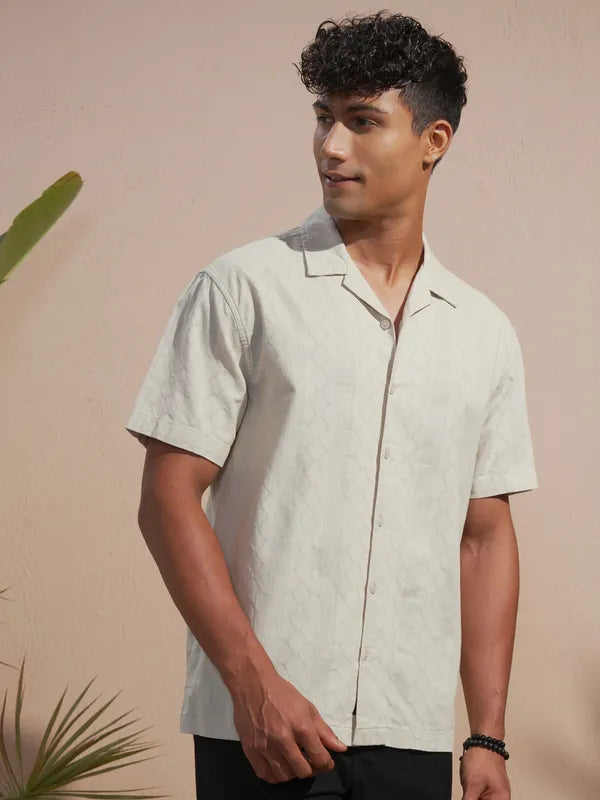 Men Tan Self Design Relaxed Fit Casual Shirt