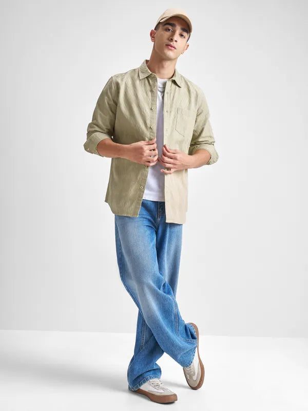 Beige Self Design Slim Fit Casual Shirt For Men