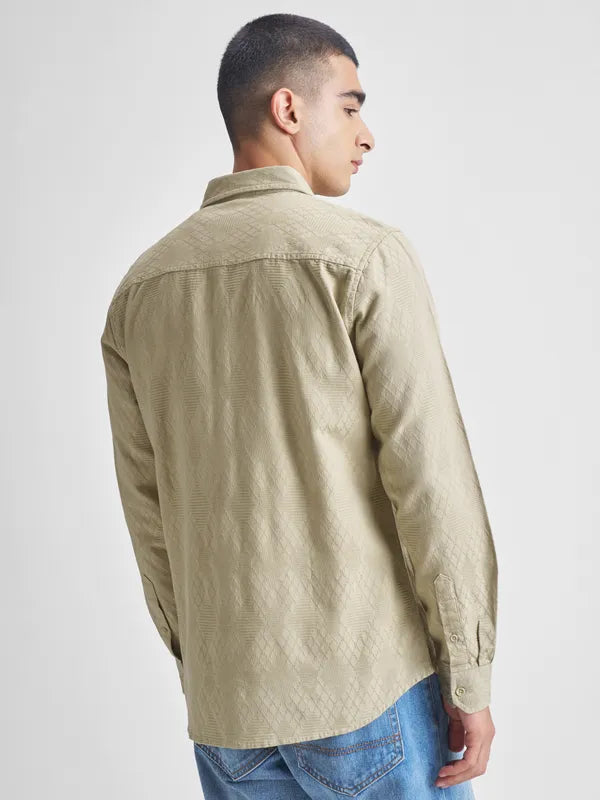 Beige Self Design Slim Fit Casual Shirt For Men