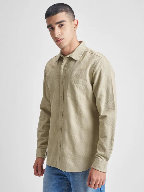 Beige Self Design Slim Fit Casual Shirt For Men