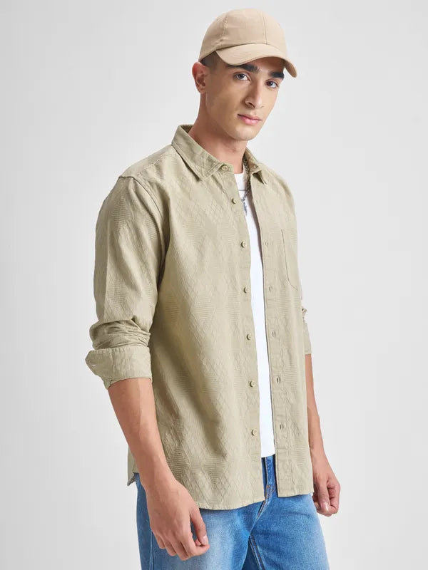 Beige Self Design Slim Fit Casual Shirt For Men