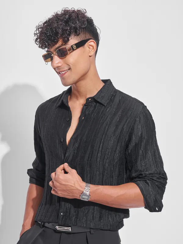 Men Black Self Design Oversized Fit Casual Shirt