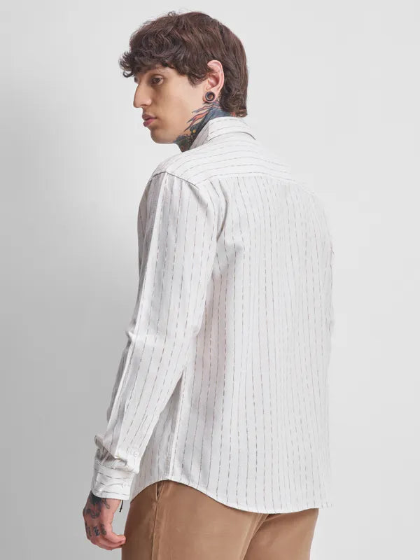 Men Cream Striped Relaxed Fit Casual Shirt