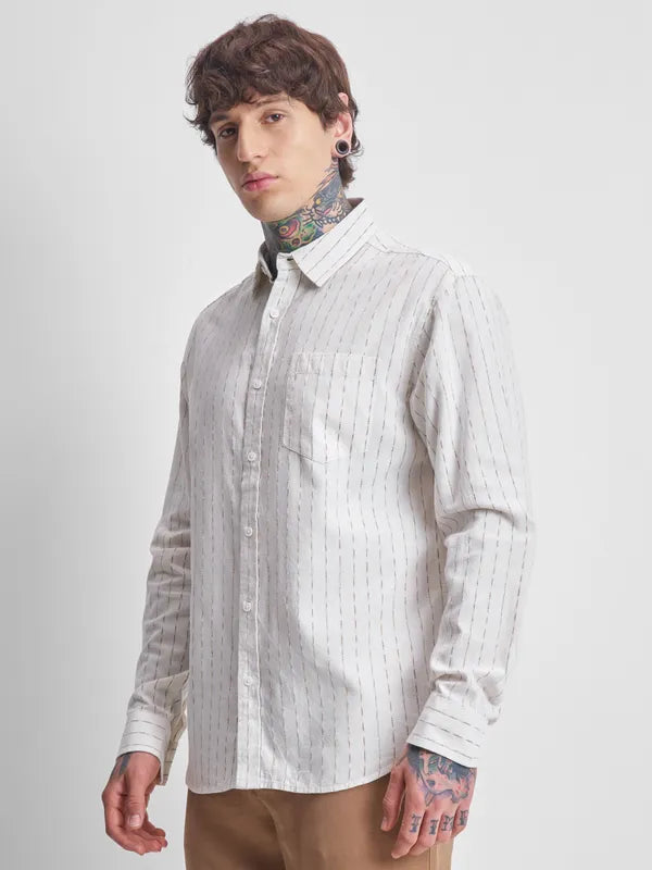 Men Cream Striped Relaxed Fit Casual Shirt