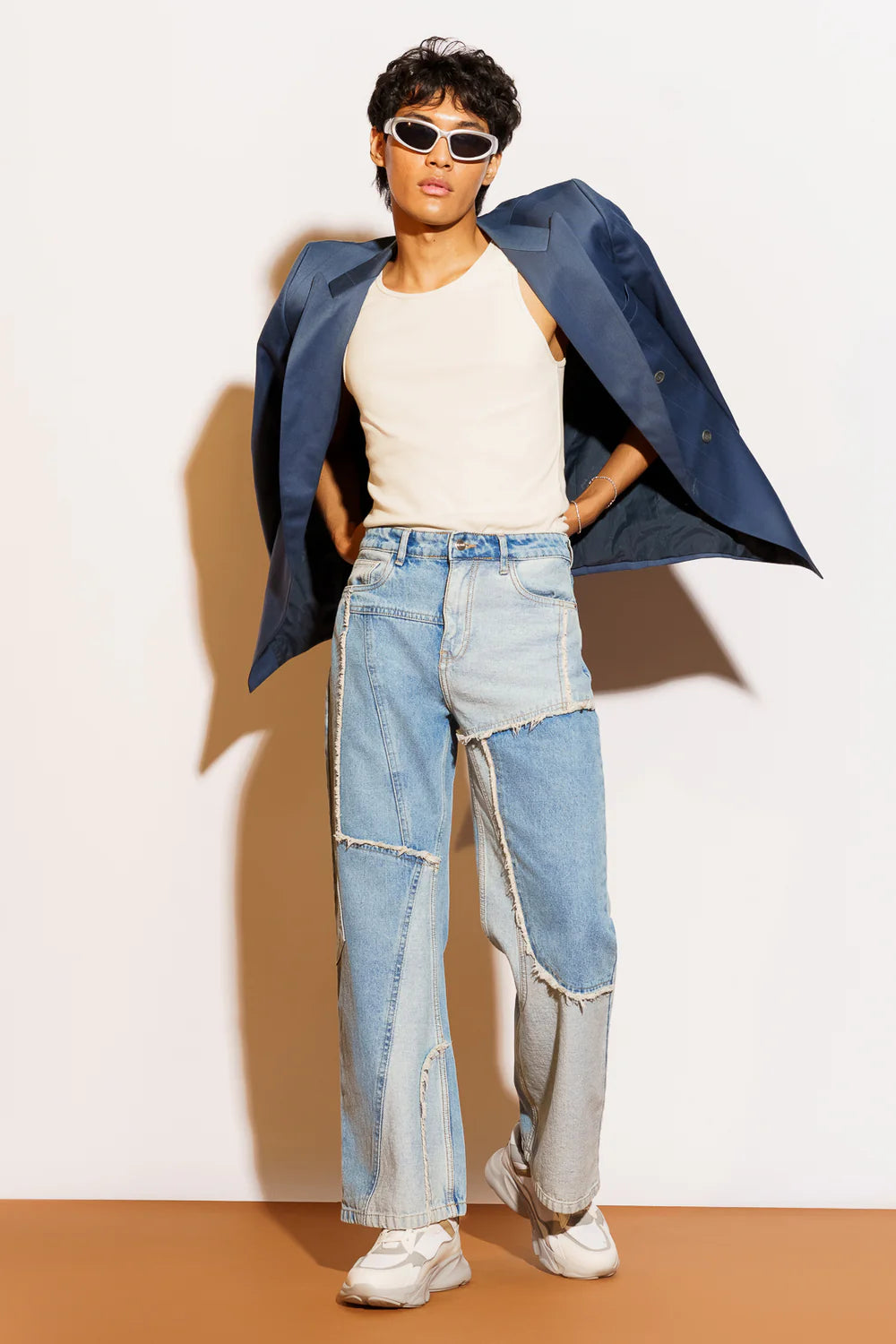 Stylish Blue Frayed Panel Straight Denim Pants for Men
