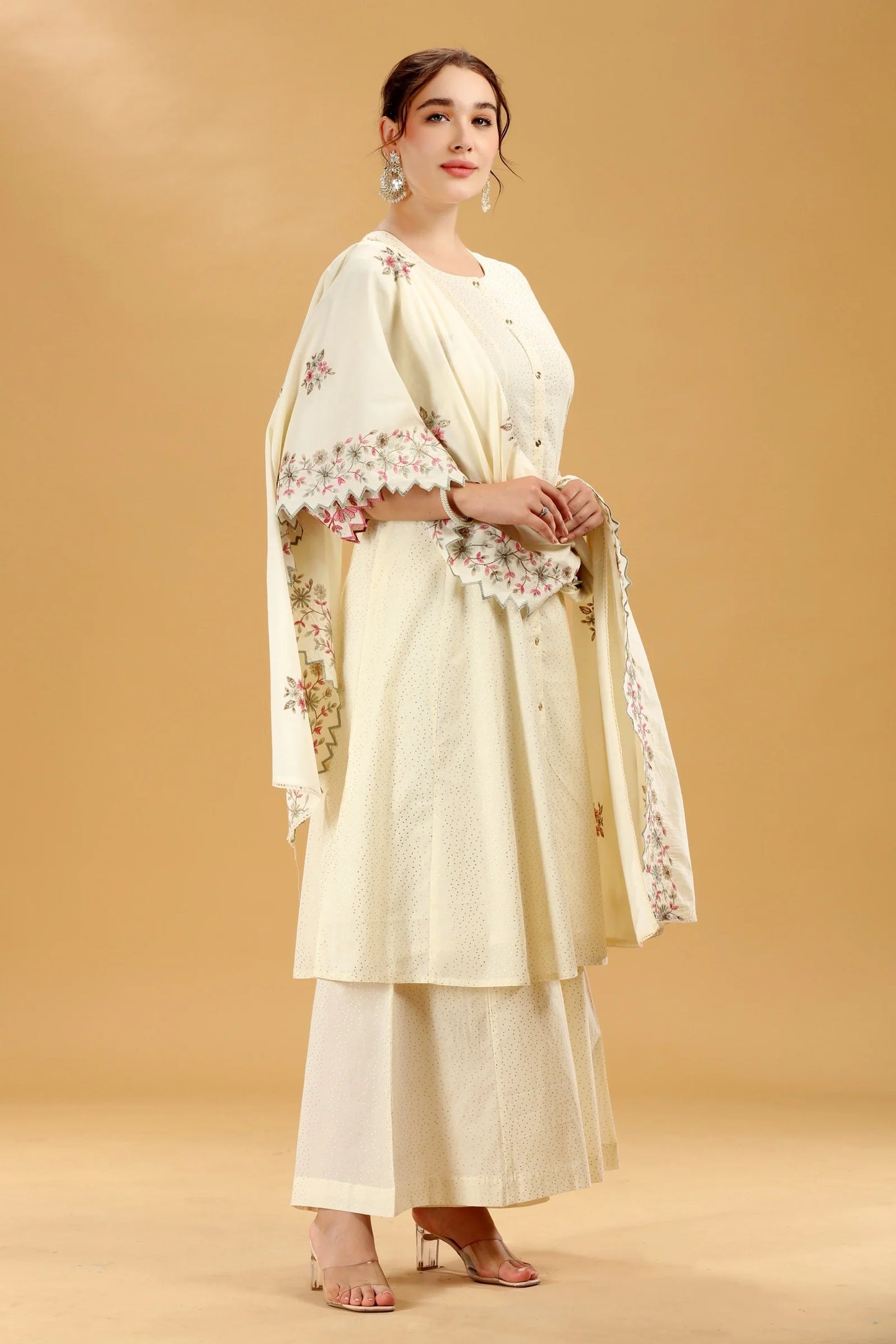 Off White Cambric Cotton Kurta Set with Palazzo and Dupatta for Festive Wear