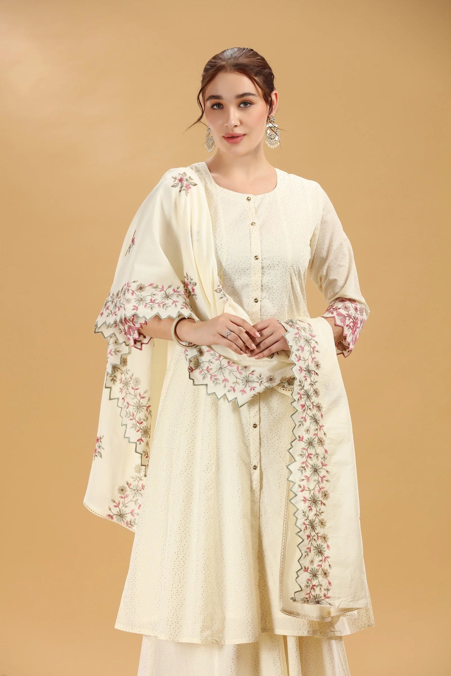 Off White Cambric Cotton Kurta Set with Palazzo and Dupatta for Festive Wear