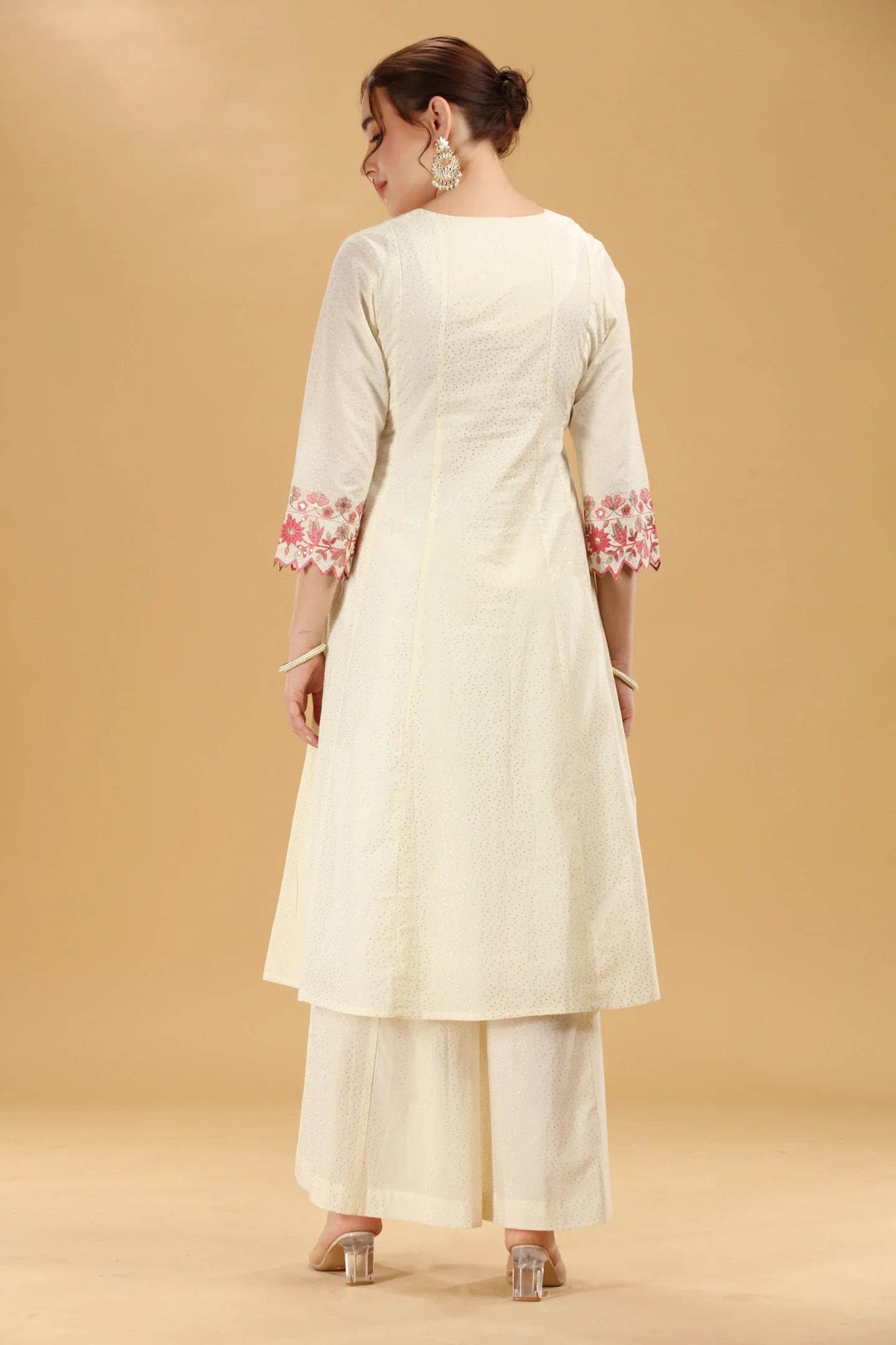 Off White Cambric Cotton Kurta Set with Palazzo and Dupatta for Festive Wear